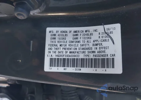 2014 Honda Accord Lx из США, поврежденный, VIN 1HGCR2F30EA006433